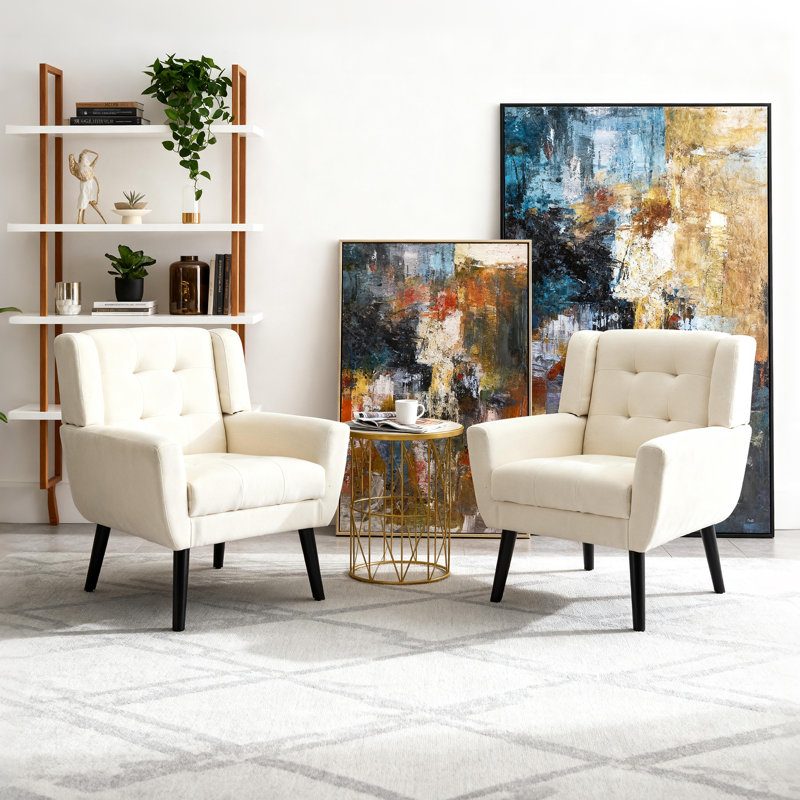 Tufted Upholstered Wide Back Armchair（Set of 2）, Ivory Linen Blend