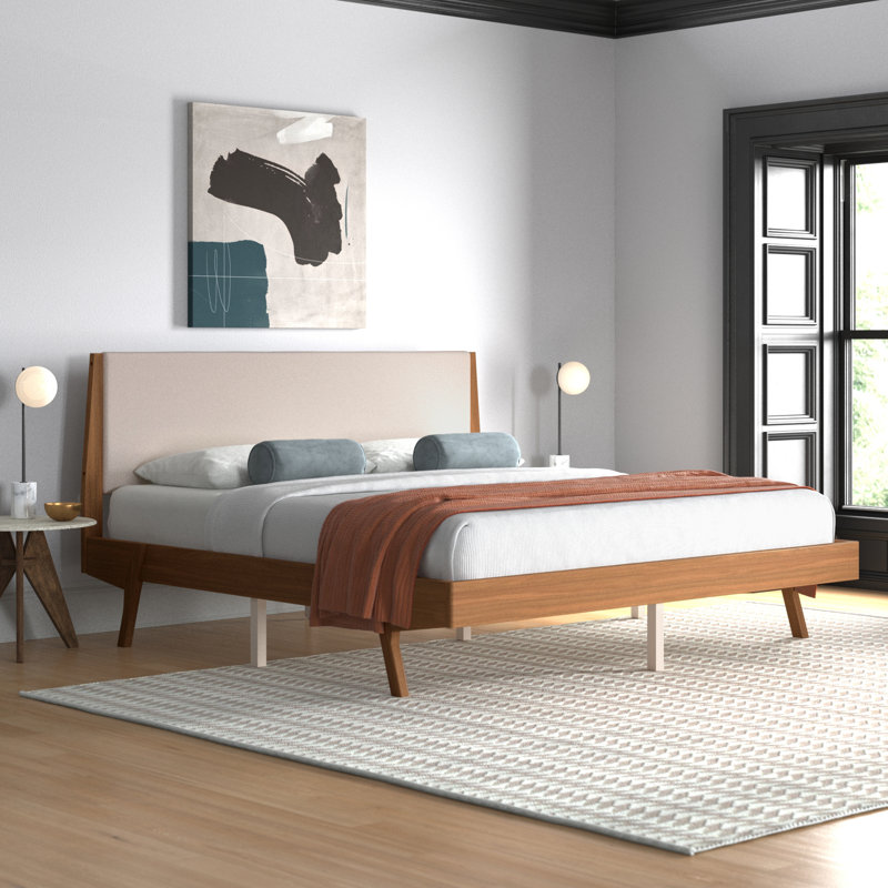 Très grand lit à lattes rembourré Romanowski, finition neutre l 81,05 po x L 82,85 po x H 43,30 po, Beige / noyer, Très grand