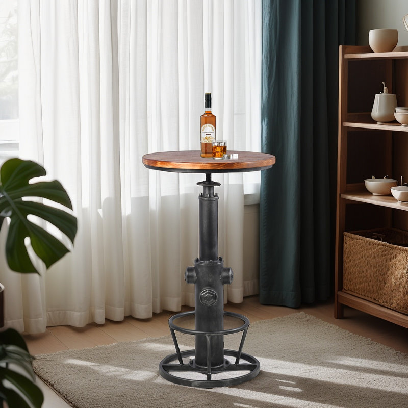 Industrial Bar Table 38.6"-44.5" Height Adjustable Swivel Round Wood Tabletop 23.6" Dia, Kitchen Dining Office Coffee Bistro Pub Table