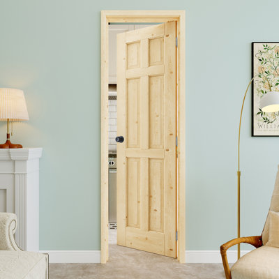 Porte pré-suspendue à 6 panneaux en bois de pin de 24 po x 80 po avec bouton rond et charnières argentées