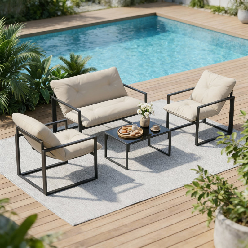 Ensemble de meubles de patio 4 pièces avec canapé en verre trempé beige