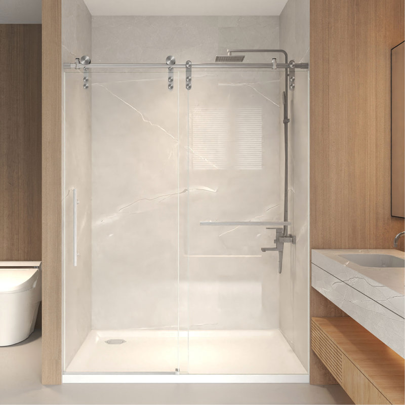 44-48" X 76" H Frameless Sliding  Shower Door, 5/16" (8Mm) Clear Tempered Glass, Stainless Steel Frame,Brushed Nickel