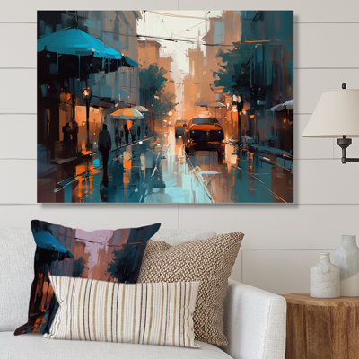 Oddo bleu et orange capturant la beauté d'un jour de pluie I - décoration murale Art déco de ville