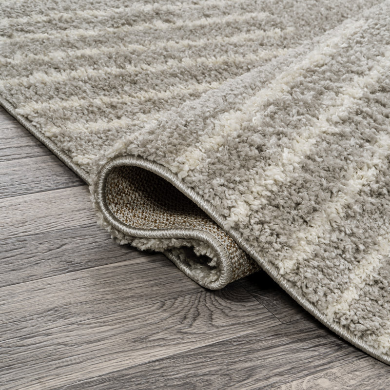 Petra Abstract Stripe Geometric Shag Gray/Ivory Rug, Runner 2' x 10'