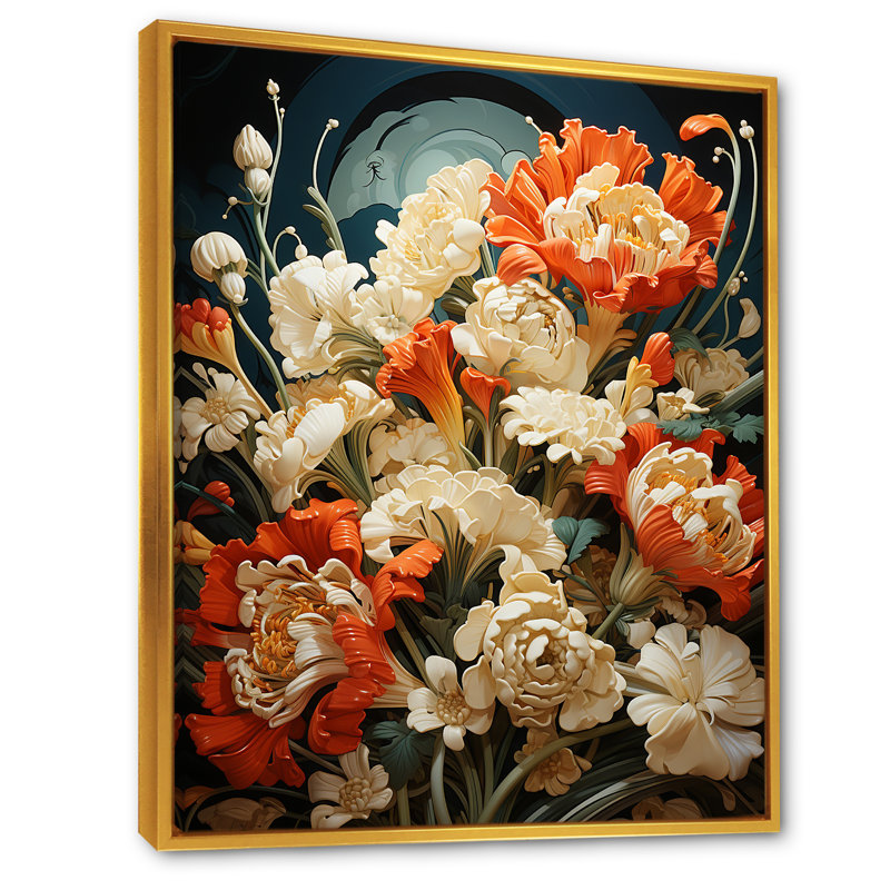 Orange orange Popart Flowers Bouquet - Floral Wall Art Prints_105824, H 32 po x l 16 po x P 1 po, Cadre flottant doré