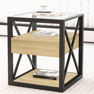 Table d'appoint de style industriel - Extrémité moderne avec tiroir, bois naturel, verre trempé, structure en X stable et tiroir Essence rétro pour chambre à coucher, plateau en verre, style, rangement intelligent pour économiser de l'espace