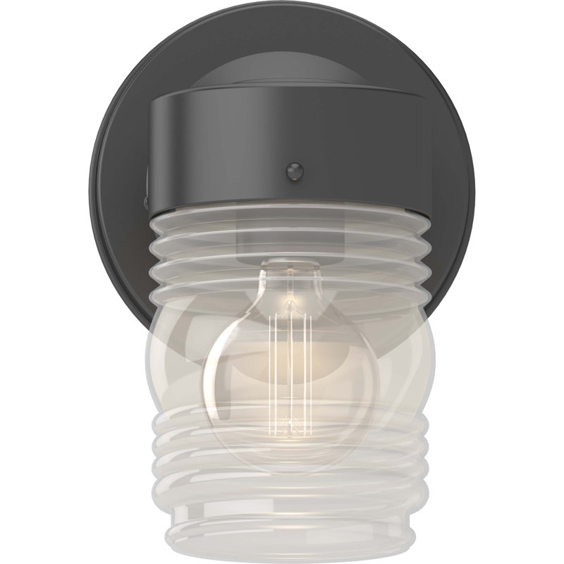 1-Light Outdoor Black Wall Mount Wall Armed Sconce with Clear Ribbed Jelly Jar Glass Shade, Black