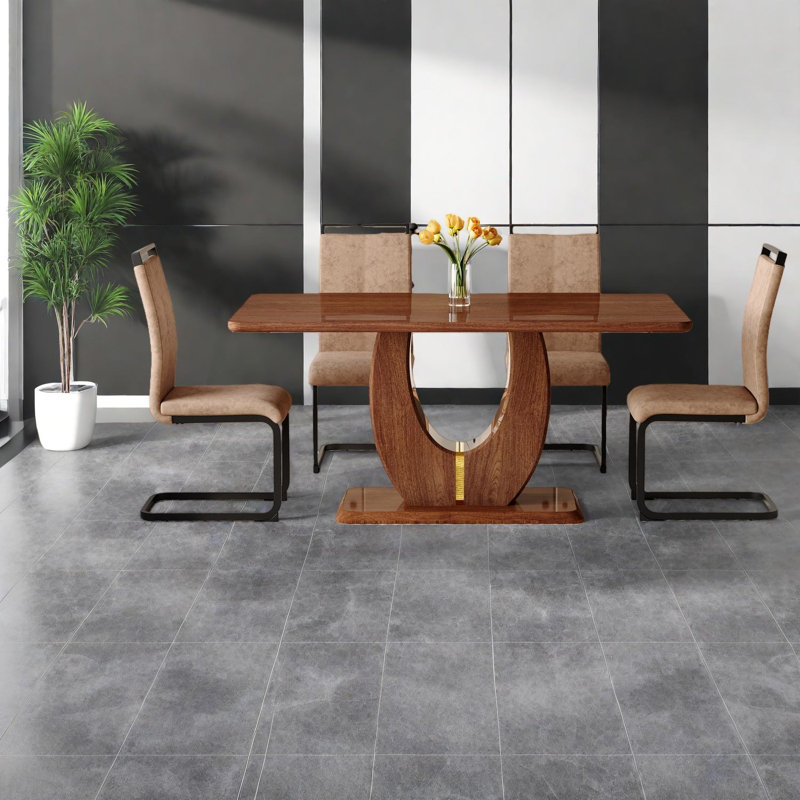 Ensembles de table de salle à manger moderne, table en MDF de 63 po, chaises en tissu brun, maison et salle à manger