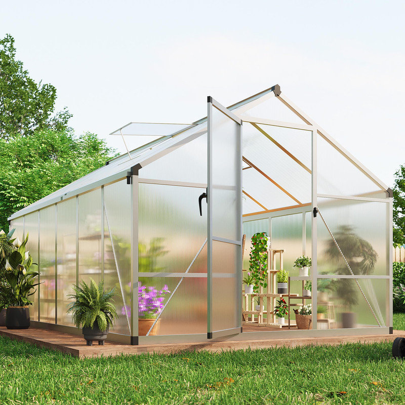 Walk-in 8x12 ft Polycarbonate Greenhouse with Aluminum Frame, Lockable Door, Roof Vent, and Ground Spikes, Silver