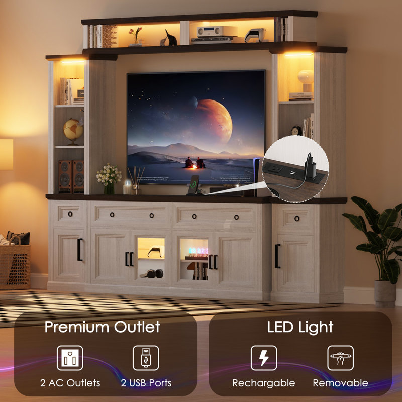 Farmhouse 4-piece Tv Stand With Bookshelves, Charging Station And Led Lights For Tvs Up To 75”, Studio Wall Unit Modern Entertainment Center With 4 Drawers And Storage Cabinets,tv Console Table Set For Living Room, Bedroom