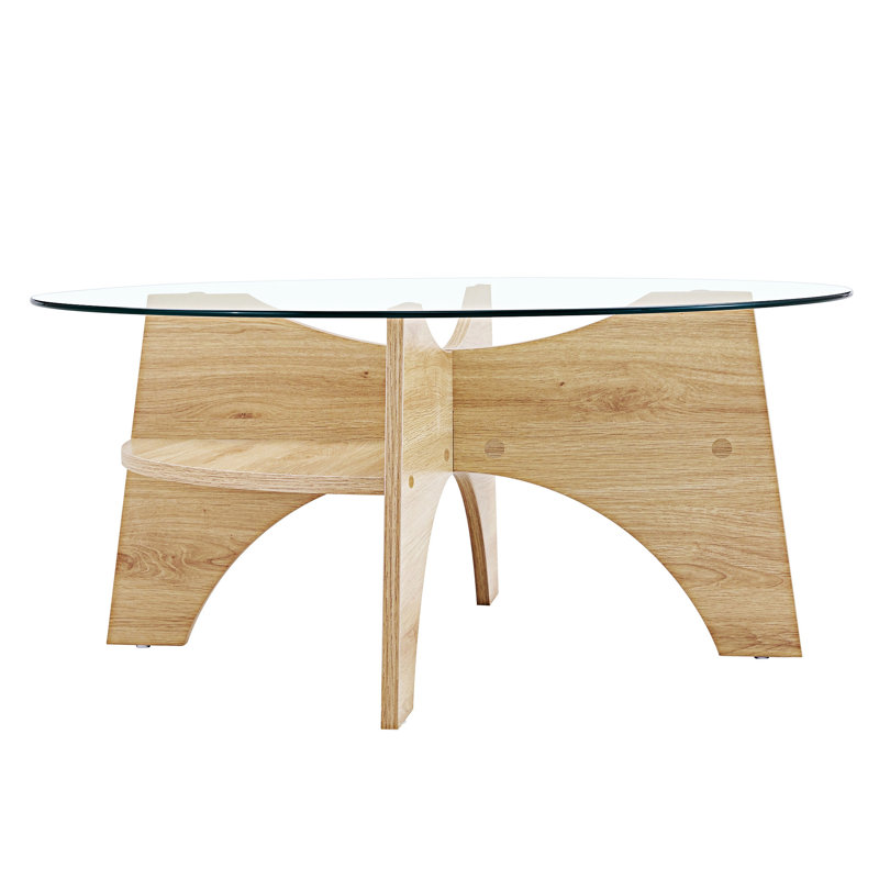Table basse ronde en verre trempé, Bois naturel
