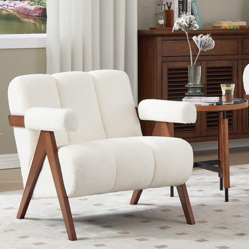 Chaise de salon moderne avec accoudoirs rembourrés avec accoudoirs en sherpa blanc, Blanc