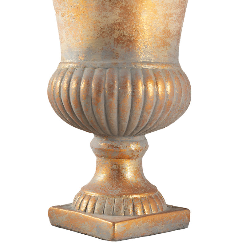  Antique Gold Ribbed Cement Urn Vase, European Style Decorative Flower Pot For Classic Or Rustic Home Décor, 6.5" Diameter & 10" Tall