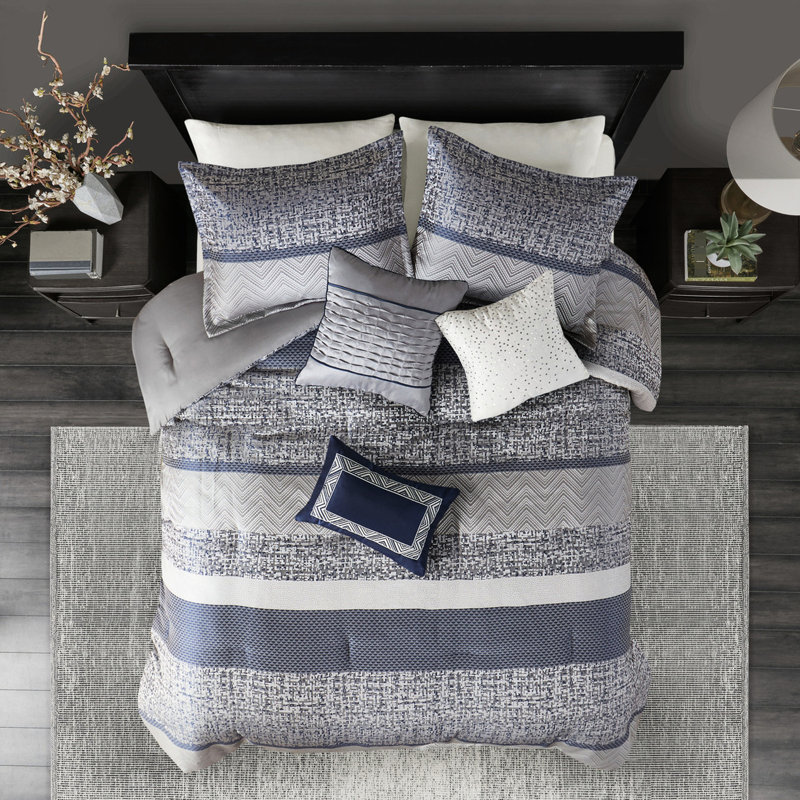 Édredon très grand lit - 7 pièces de luxe bleu marine avec coussins décoratifs, literie lavable à la machine, motif rayé