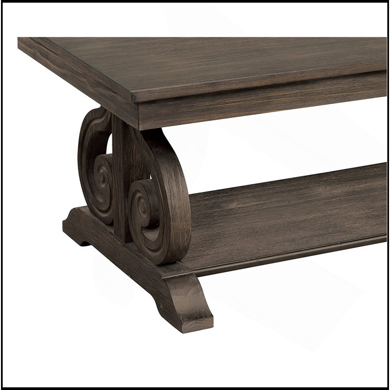 Table basse française française avec finition chêne foncé, base à volutes et amp; Tablette inférieure pour le salon