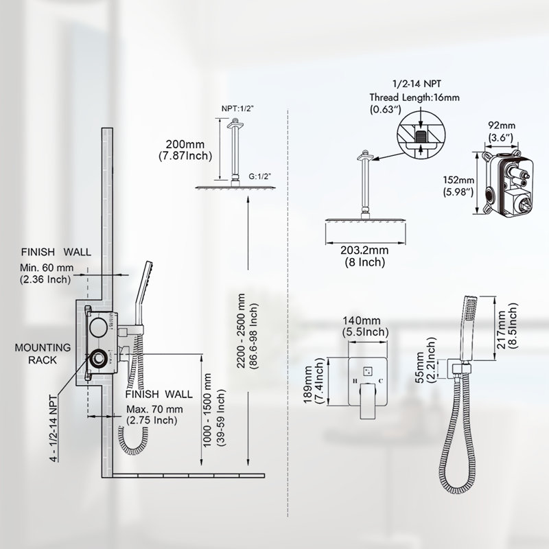 Système de douche complet avec valve brute, Or brossé