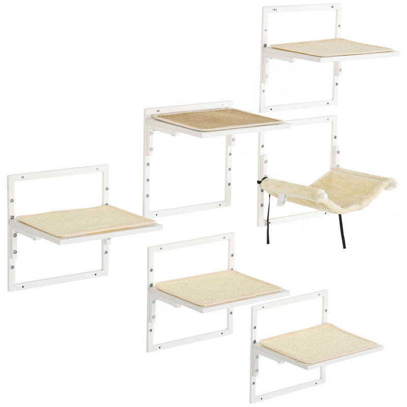 Pawhut 6-Pc Modern Cat Wall Shelves For Indoor Cats, Height Adjustable Jumping Platforms & Cat Hammock, Cat Shelves And Perches For Wall-Mounted Cat Tree, Cat Climbing Shelf Set, Cream