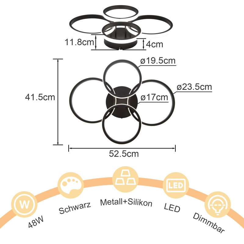 Ceiling lamp LED ceiling light living room: Dimmable living room lamp modern white 48W bedroom lamp design ceiling lighting 4-ring kitchen lamp with remote control for house apartment