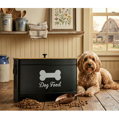 Contenant pour aliments pour animaux Airtight, capacité de 15 lb (50 tasses), comprend une pelle en métal, un couvercle en bambou, un métal noir, pour les chiens jusqu'à 100 lb