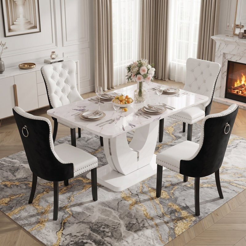 5-pieces 63" Rectangular U-Base Dining Table Set with Upholstery Tufted Chairs, White, Black/White