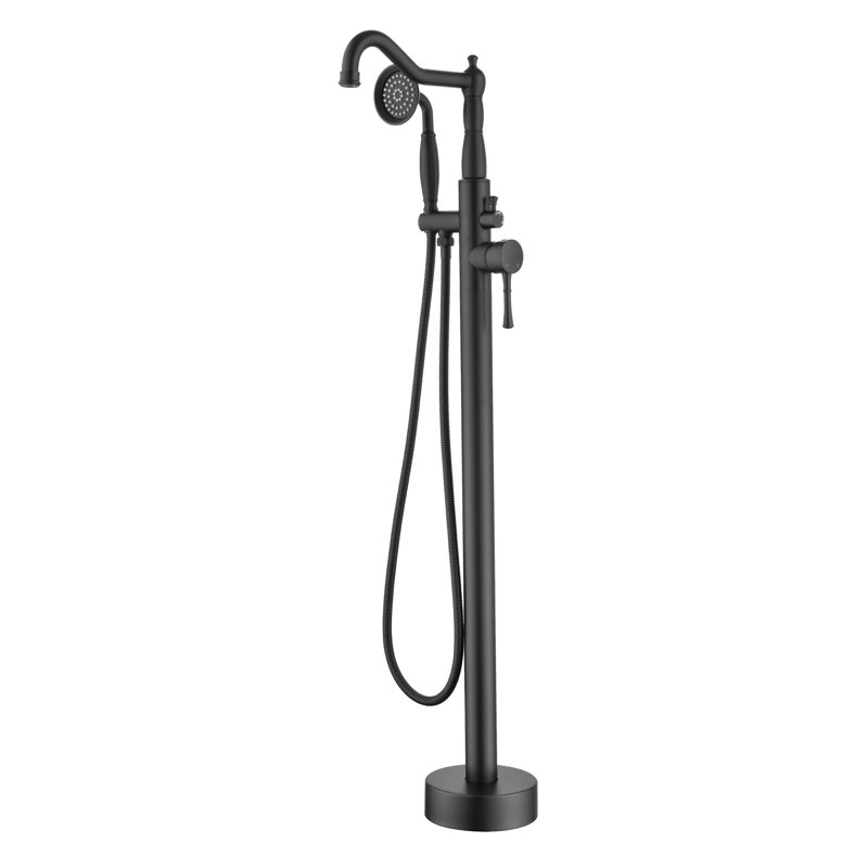 Freestanding Bathtub Faucet Tub Floor Mount Bathroom Faucets Brass Single Handle with Hand Shower, Matte Black