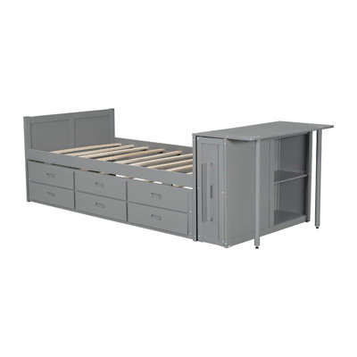 Twin Size Multifunctional Wood Platform Bed With Desk And Storage Shelf At The End Of The Bed, Built-In Trundle And 3 Drawers