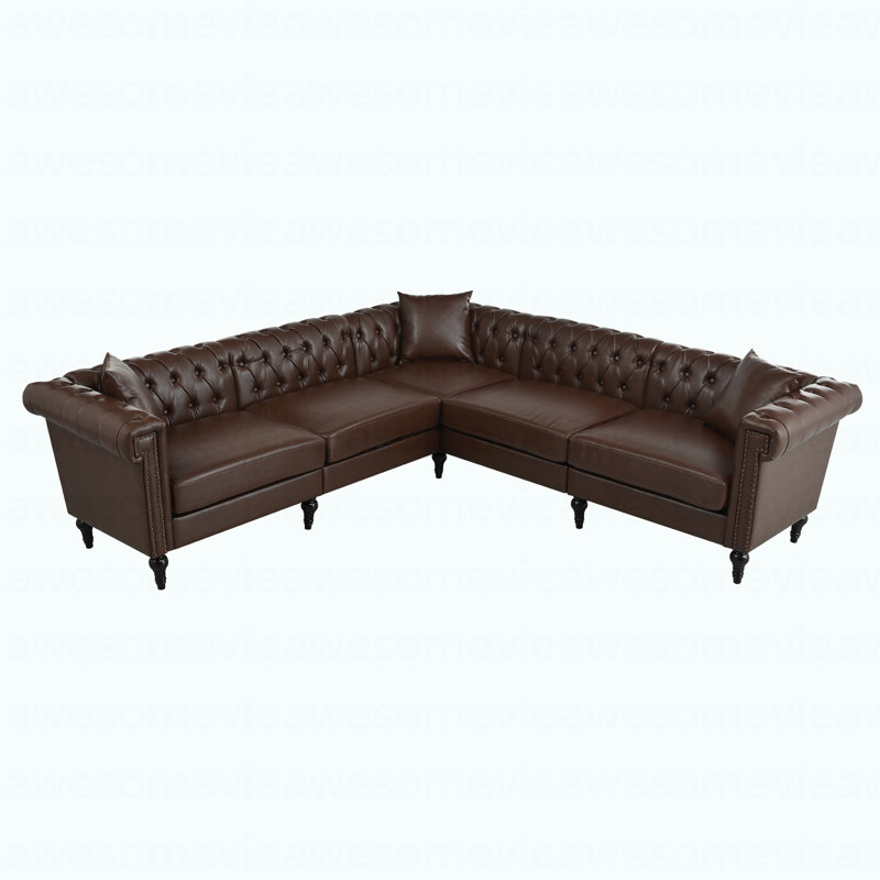Canapé modulaire en forme de L à 5 sièges - Canapé Chesterfield en cuir synthétique réversible avec accoudoirs roulés et capitonnage clouté