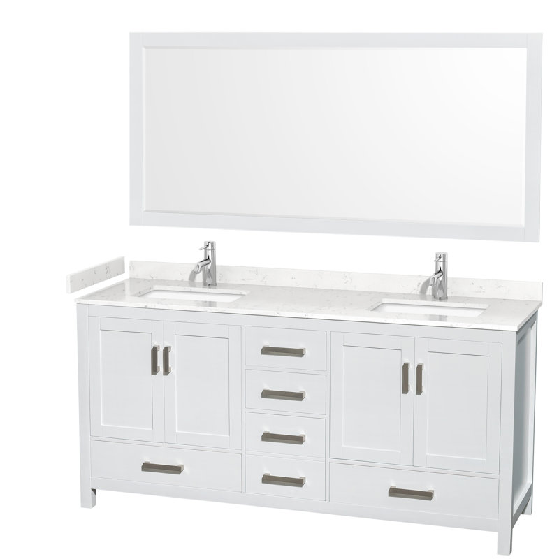 Sheffield 72" Freestanding Double Bathroom Vanity with Cultured Marble Top with 70" Mirror, White, Carrara Cultured Marble