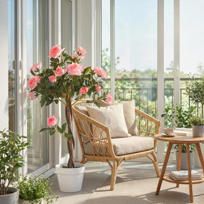 Rosier artificiel décoratif avec fleurs réalistes, rose