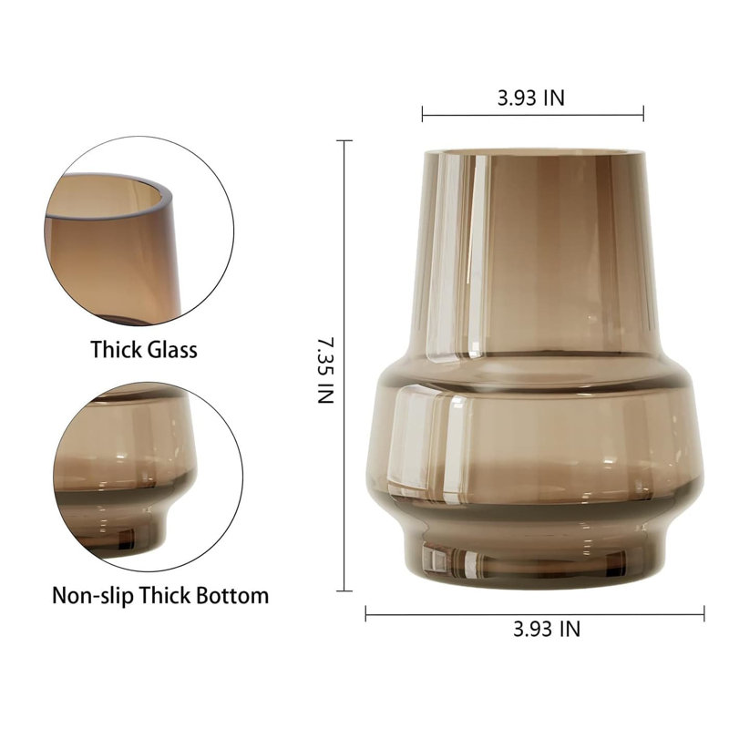 7.3" Green Glass Wide,Mouth Vase - Ideal for Home Decor & Centerpieces, Amber
