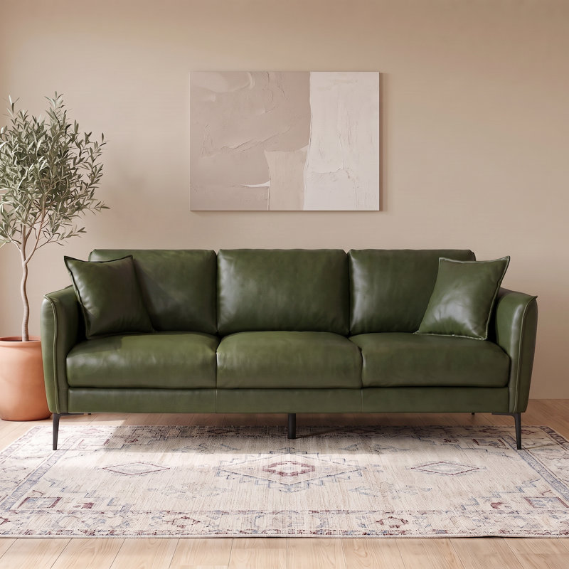 Canapé en cuir Vermont de style moderne du milieu du siècle avec accoudoirs incurvés et coussins décoratifs, Vert