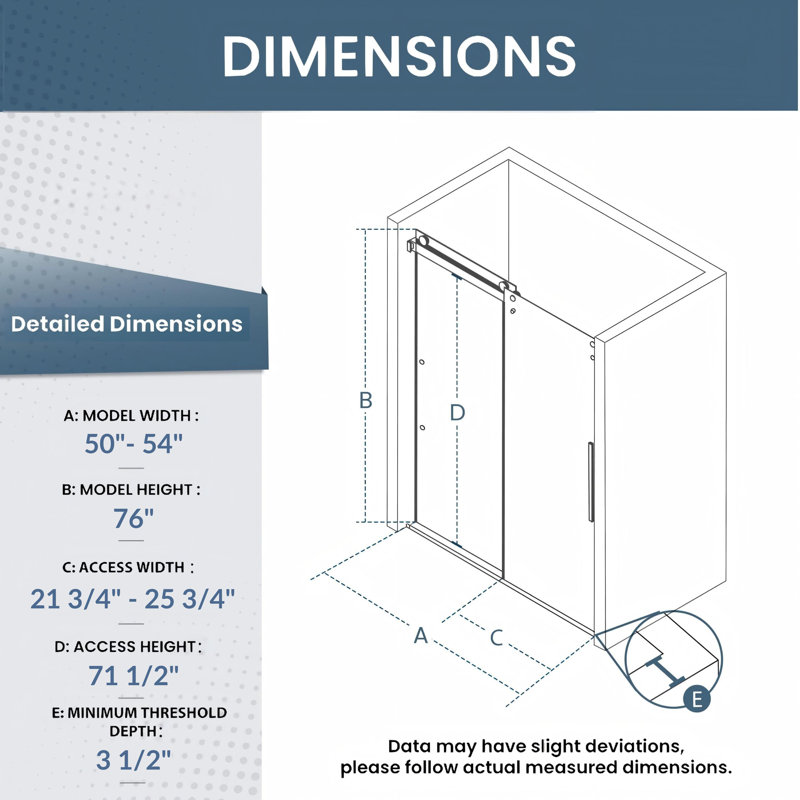 Porte de douche coulissante double sans cadre, verre trempé transparent de 1/4 po, Chrome chrome