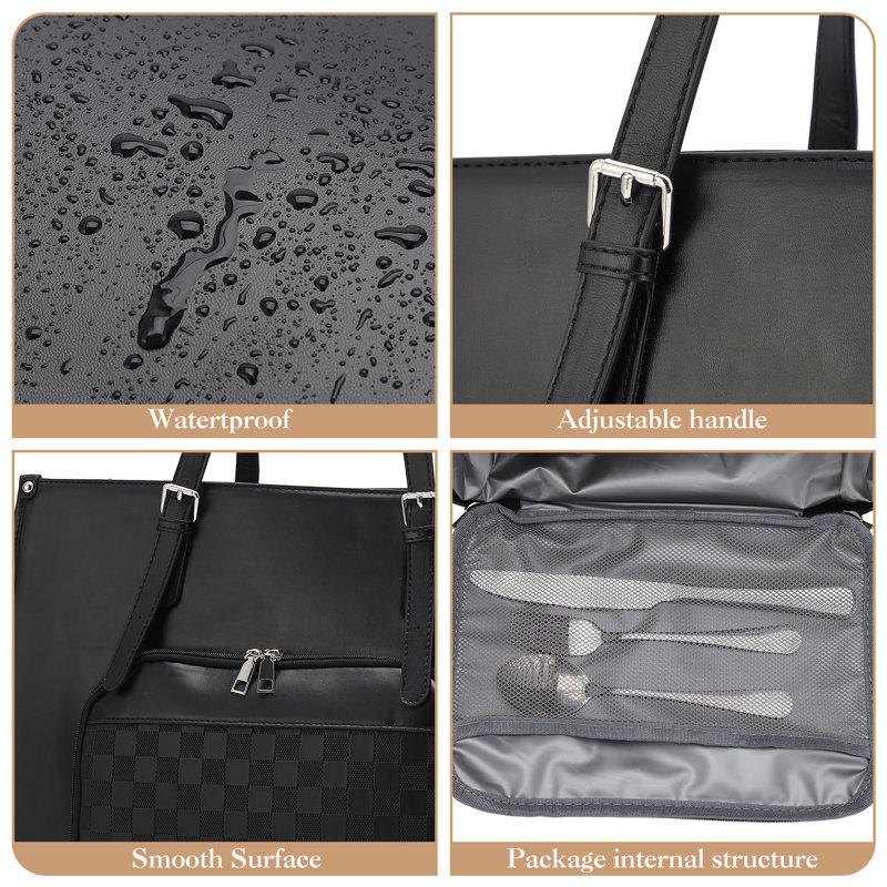 Sac fourre-tout isotherme isolé pour femme - Sac de travail en cuir de polyuréthane noir 16,5 po