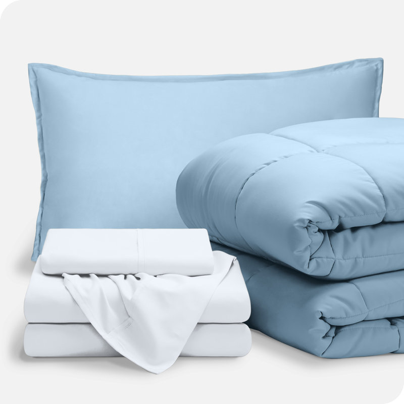 Lit dans un sac en microfibre 1800 de qualité supérieure 1800, Édredon simple + 4 pièces supplémentaires, Bleu clair / blanc