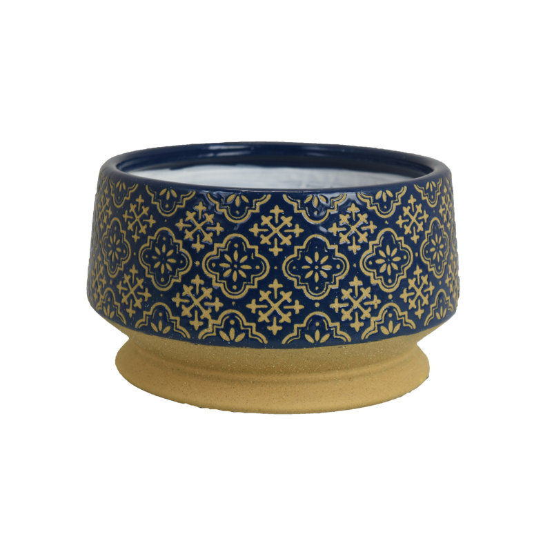 Hea Decorative Planter, Blue Gold Moroccan Pattern Footed Bowl, 10 Inch