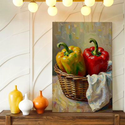 Oil Painting Style Red Yellow Bell Peppers in Wicker Basket Canvas Wall Art Print for living room, bedroom, office, hallway, entryway, gallery wall and modern home decor, decorative accent