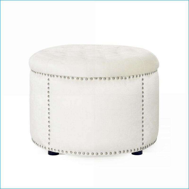 Ottoman Round Emerald Velvet Footstool/Extra Seat, Sturdy Wooden Frame | Wood, Beige