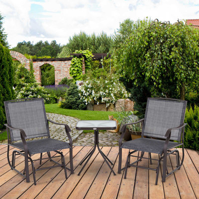 3 Piece Outdoor Glider Chair With Coffee Table Bistro Set, 2 Patio Rocking Swing Chairs With Breathable Sling Fabric, Glass Tabletop, For Backyard, Garden And Porch