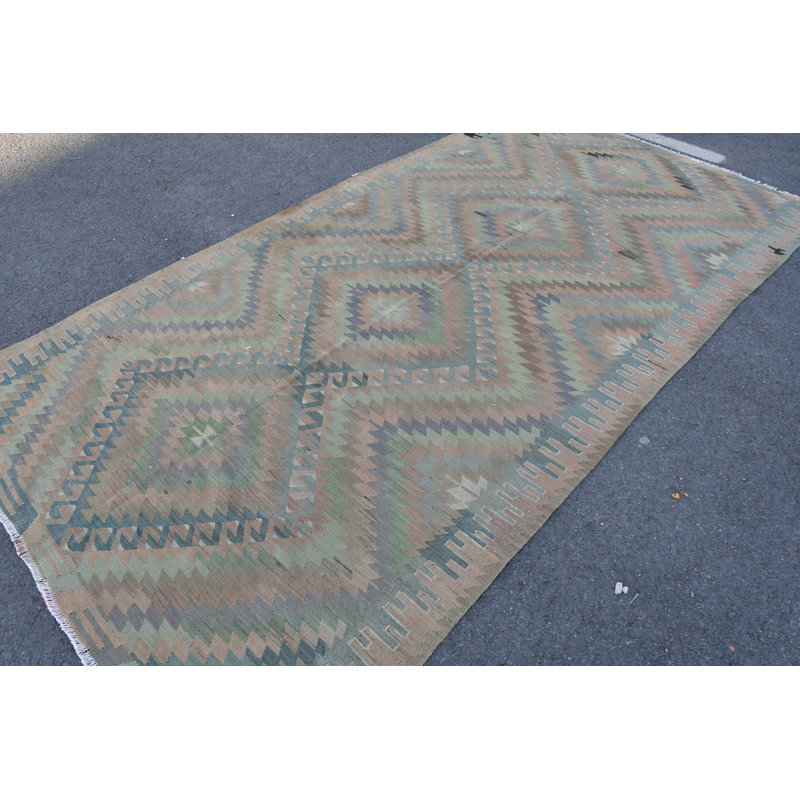 Tapis traditionnel kilim turc traditionnel avec un look rétro délavé et des motifs géométriques Navajo Oushak orange / vert
