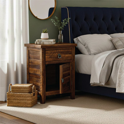 Montanca Acacia Solid Wood Rustic Nightstand with Drawer & Storage Cabinet