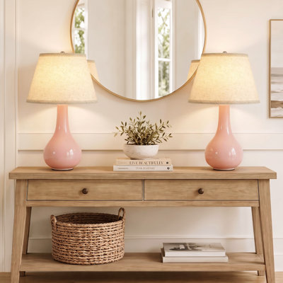 Grande lampe de table en céramique 18,11 po, corps brillant rose pâle avec abat-jour en lin, idéale pour la chambre à coucher, le salon, le chevet, le bureau
