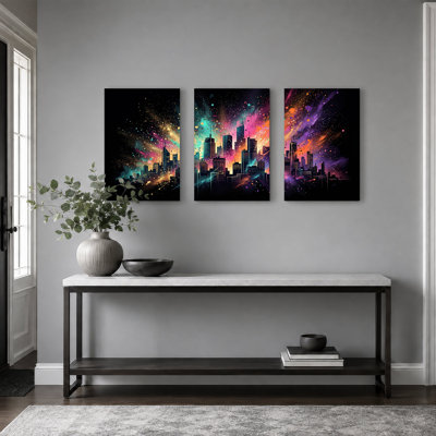 «Neon Splatter City Skyline at Night», ensemble de 3 toiles murales