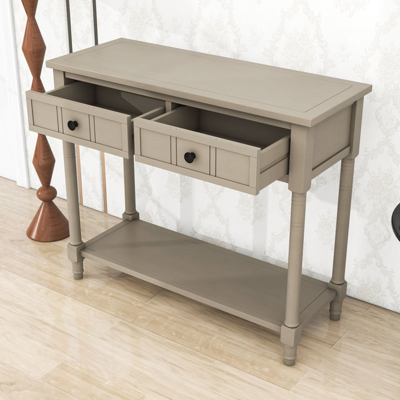 Charmie Wooden Console Table with Two Drawers and Open Shelf for Living Room, Retro Gray
