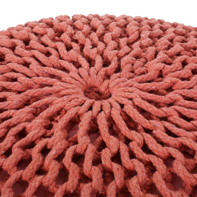 Bordeaux Knitted Cotton Round Pouf, Coral - Versatile Ottoman And Floor Cushion With Polystyrene Bead Filling, Coral