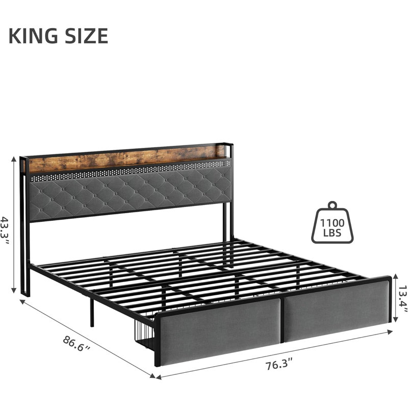 Cadre de lit très grand, cadre de lit avec tête de lit RVB éclairée et 2 tiroirs de rangement, plus commodité USB / prise de courant, base en métal silencieuse, installation simple - aucun sommier requis, gris