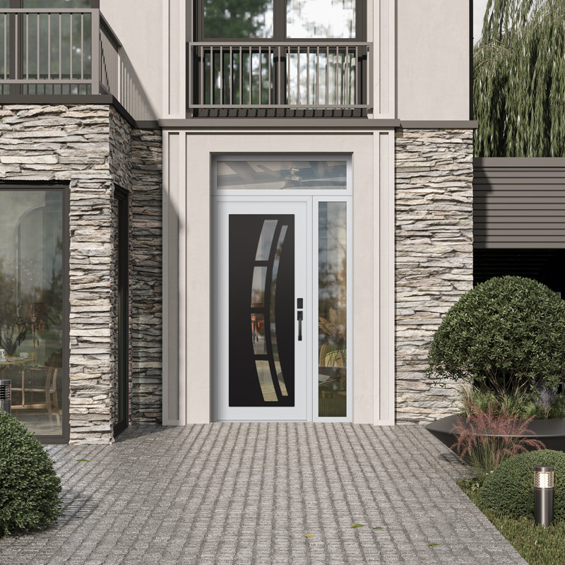 C12 gauche 48 po X 96 po Panneau de porte en verre transparent blanc et blanc à panneau avec porte d'entrée avant en verre transparent Sidelite et Transom