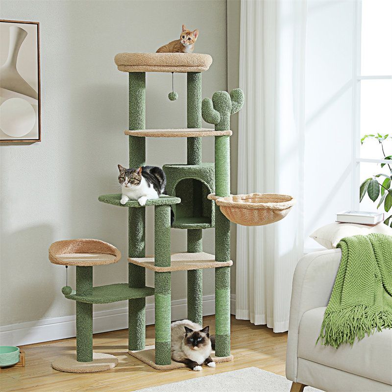 Arbre à chat 59 po Cactus, grand arbre à chat pour chats d'intérieur, tour à chat pour grands chats, tour à chat multi-niveaux, condo pour chat avec grand hamac, poteau à griffes et 2 perchoirs