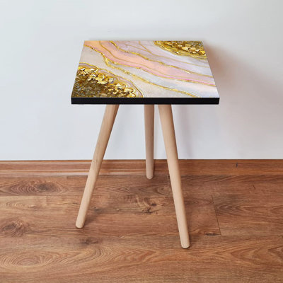 Elegant Side Table with Abstract Marble Design, Gold, White & Pink | 100% MDF with Beech Wood Legs, 13.8 x 16.5 x 13.8 inches | Durable & Stylish, Perfect for Living Room or Bedroom Décor, Versatile Functionality
