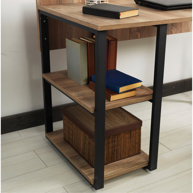 Bureau à structure en métal noir pour espace de travail de bureau à domicile, plateau en bois 58 po, 2 tablettes, bois massif, H 32 po x P 24 po, bureau 45 lb, plateforme, chêne