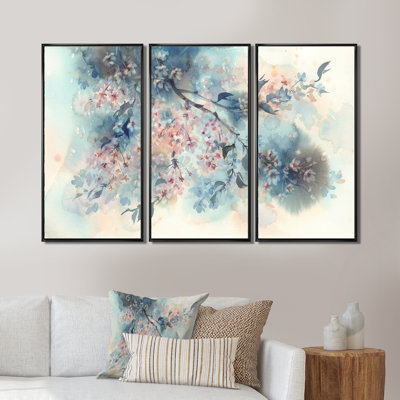 " White Sakura Flower Blossom On Pastel Blue Background " 3 - Pieces
